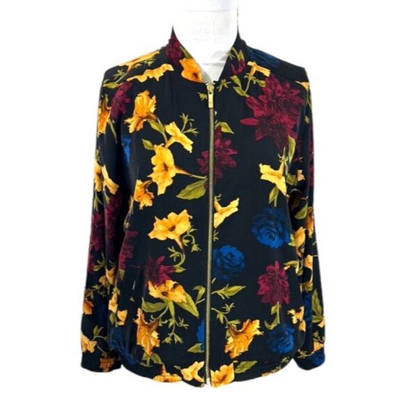 Susan Graver Bomber Jacket Large Floral Stretch Lightweight - Picture 1 of 16